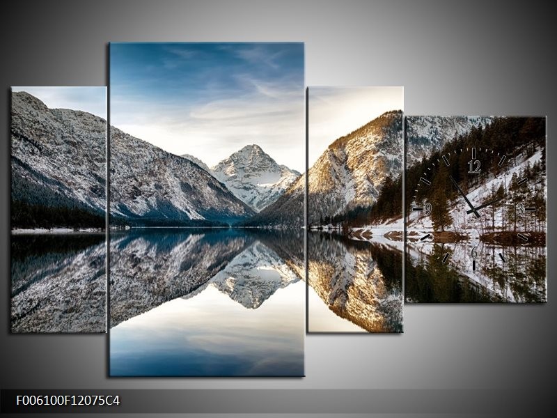 Klok schilderij Bergen | Grijs, Blauw | 120x75cm 4Luik