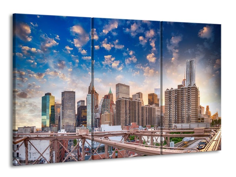 Canvas schilderij Wolkenkrabber | Blauw, Crème | 165x100cm 3Luik