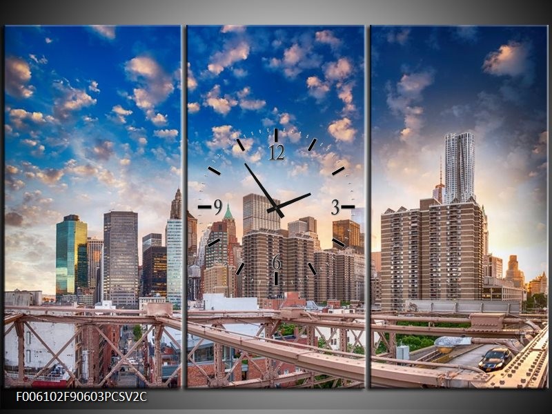 Klok schilderij Wolkenkrabber | Blauw, Crème | 90x60cm 3Luik