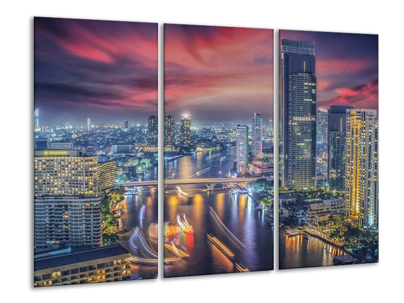 Glas schilderij Wolkenkrabber | Blauw, Rood, Grijs | 120x80cm 3Luik