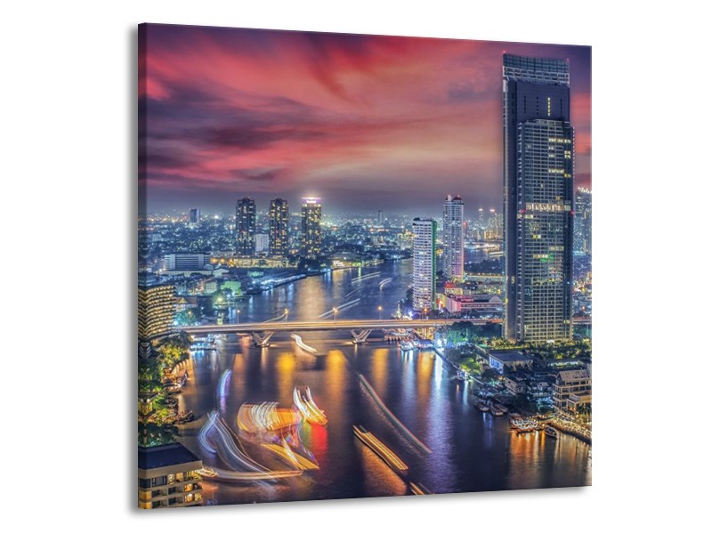 Glas schilderij Wolkenkrabber | Blauw, Rood, Grijs | 50x50cm 1Luik