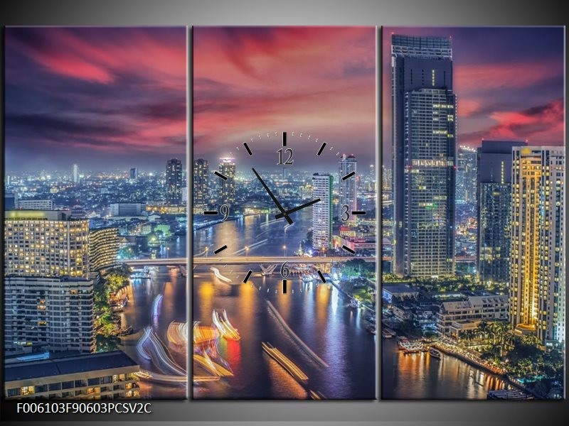 Klok schilderij Wolkenkrabber | Blauw, Rood, Grijs | 90x60cm 3Luik