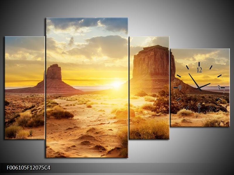 Klok schilderij Zonsondergang | Bruin, Geel | 120x75cm 4Luik