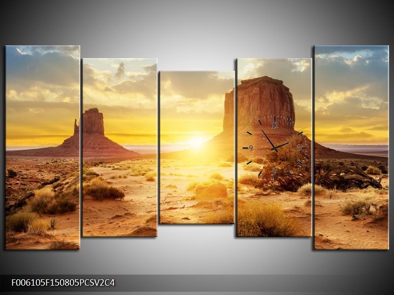 Klok schilderij Zonsondergang | Bruin, Geel | 150x80cm 5Luik