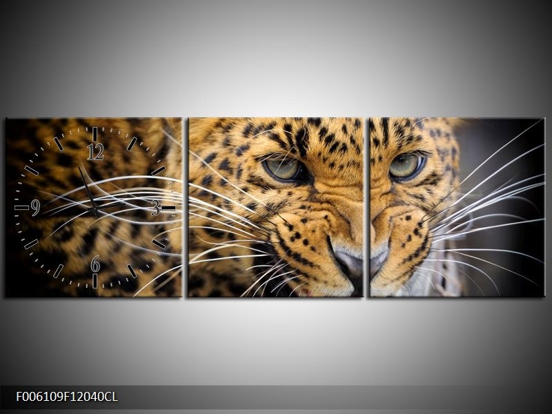 Klok schilderij Luipaard | Bruin, Zwart | 120x40cm 3Luik