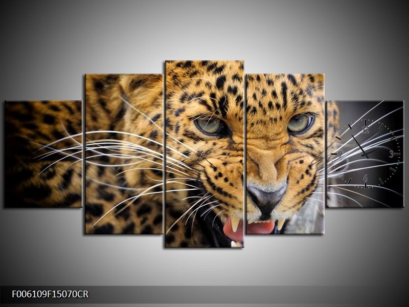 Klok schilderij Luipaard | Bruin, Zwart | 150x70cm 5Luik