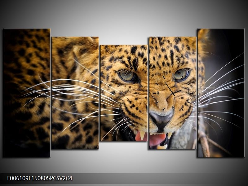 Klok schilderij Luipaard | Bruin, Zwart | 150x80cm 5Luik
