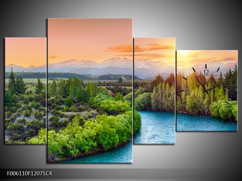 Klok schilderij Rivier | Groen, Blauw | 120x75cm 4Luik