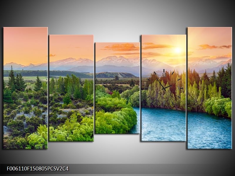 Klok schilderij Rivier | Groen, Blauw | 150x80cm 5Luik