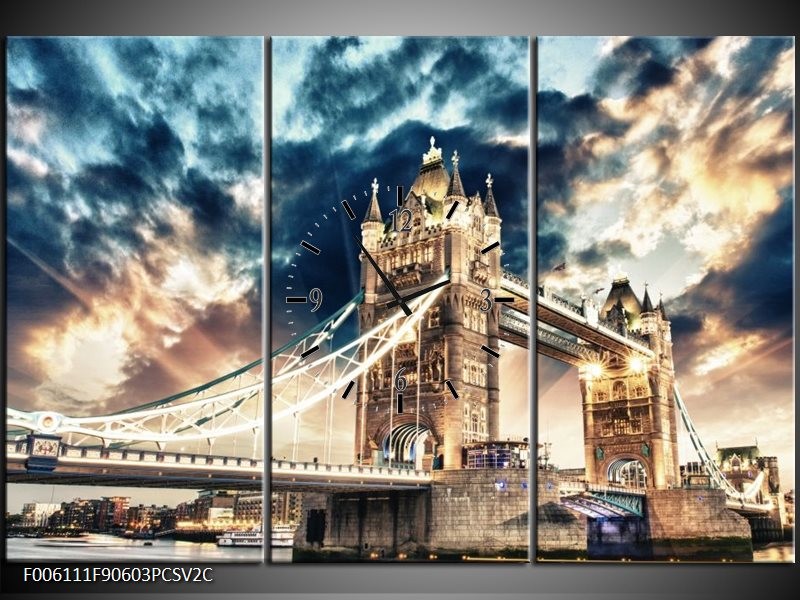 Klok schilderij Brug | Grijs, Blauw, Crème | 90x60cm 3Luik