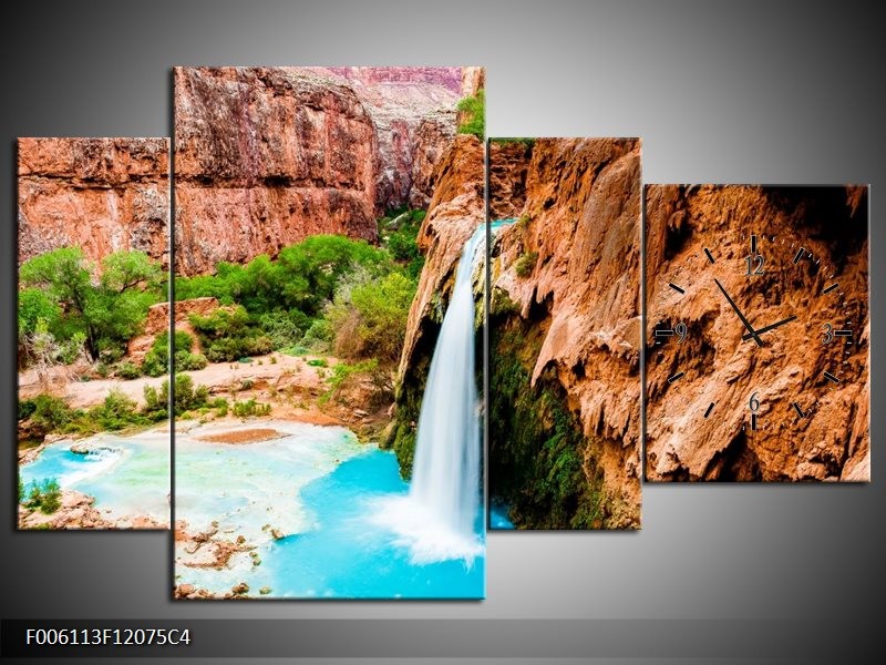 Klok schilderij Waterval | Blauw, Bruin | 120x75cm 4Luik