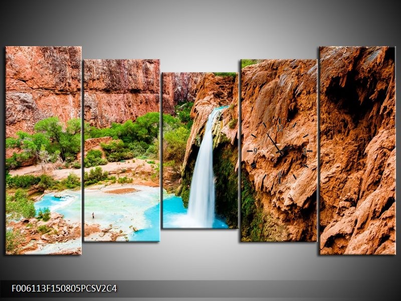 Klok schilderij Waterval | Blauw, Bruin | 150x80cm 5Luik