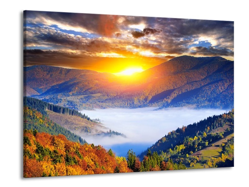 Canvas schilderij Zonsondergang | Oranje, Blauw, Bruin | 100x70cm 1Luik