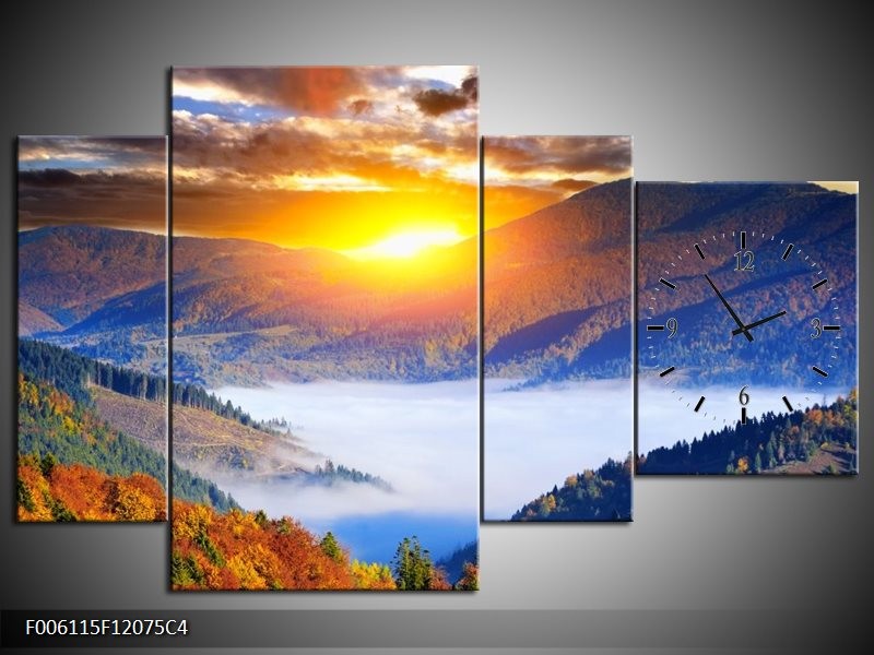 Klok schilderij Zonsondergang | Oranje, Blauw, Bruin | 120x75cm 4Luik