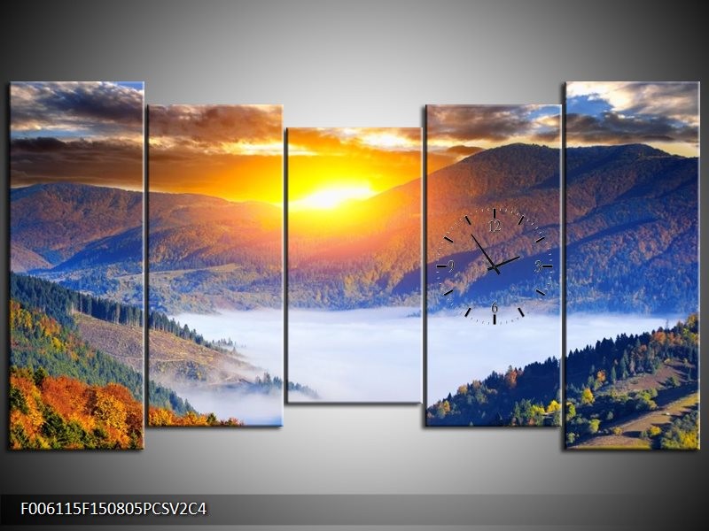 Klok schilderij Zonsondergang | Oranje, Blauw, Bruin | 150x80cm 5Luik