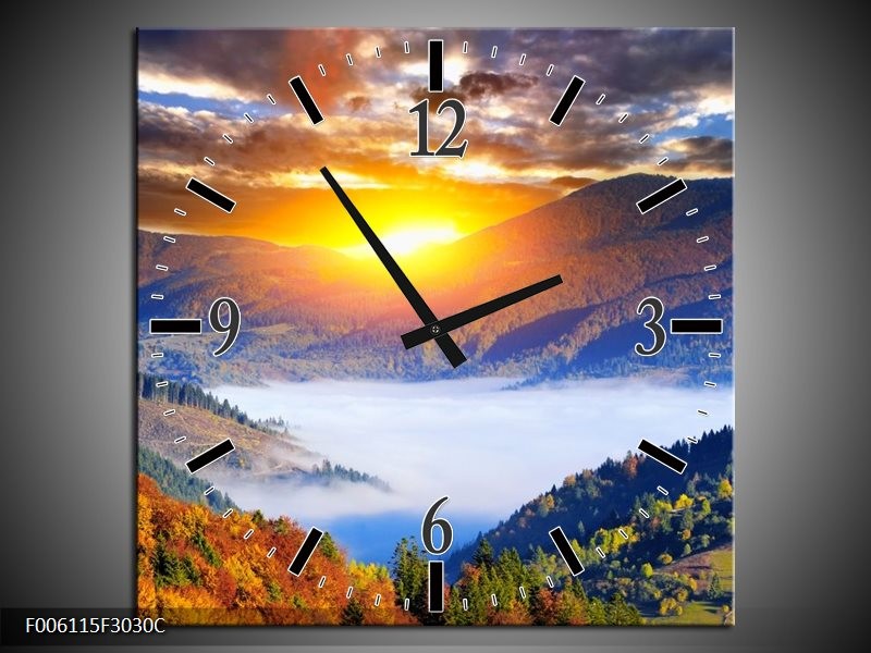 Klok schilderij Zonsondergang | Oranje, Blauw, Bruin | 30x30cm 1Luik