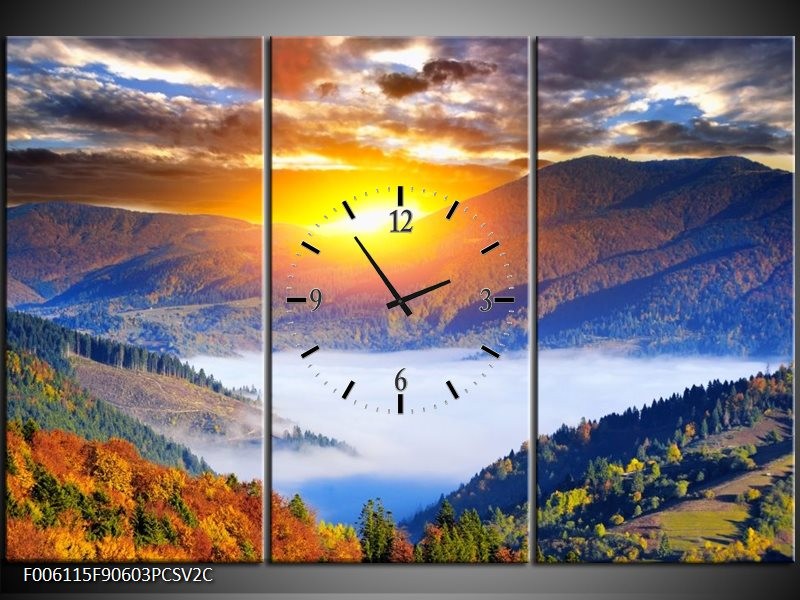 Klok schilderij Zonsondergang | Oranje, Blauw, Bruin | 90x60cm 3Luik