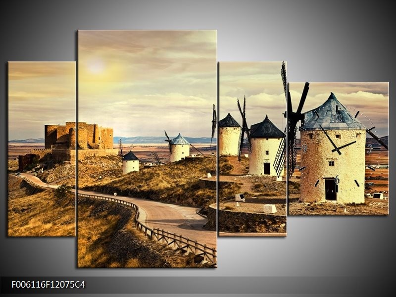 Klok schilderij Molen | Bruin, Crème | 120x75cm 4Luik