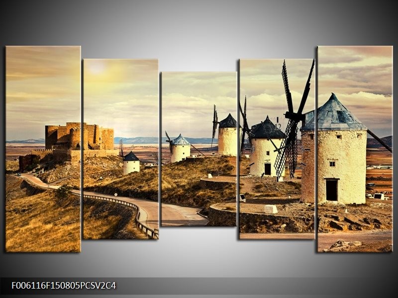 Klok schilderij Molen | Bruin, Crème | 150x80cm 5Luik