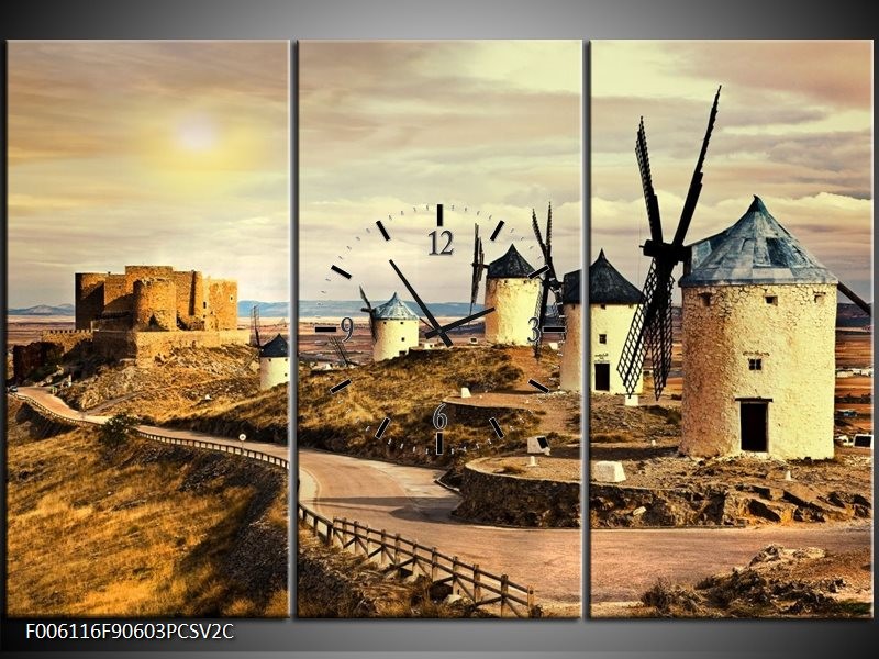 Klok schilderij Molen | Bruin, Crème | 90x60cm 3Luik