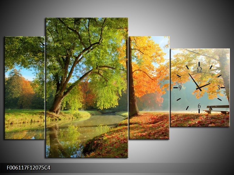 Klok schilderij Herfst | Oranje, Bruin, Groen | 120x75cm 4Luik