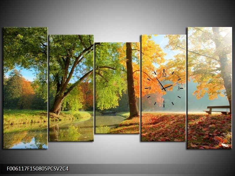 Klok schilderij Herfst | Oranje, Bruin, Groen | 150x80cm 5Luik