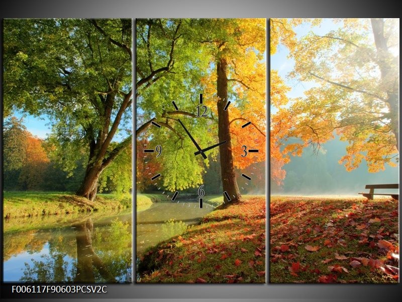 Klok schilderij Herfst | Oranje, Bruin, Groen | 90x60cm 3Luik