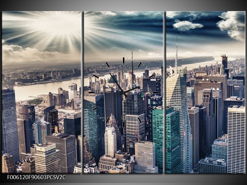 Klok schilderij Wolkenkrabber | Grijs, Groen | 90x60cm 3Luik