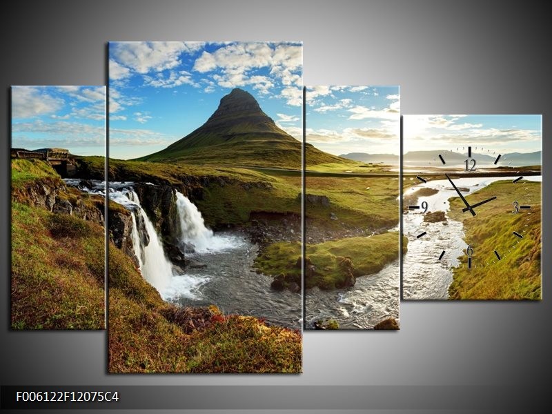 Klok schilderij Waterval | Blauw, Bruin | 120x75cm 4Luik