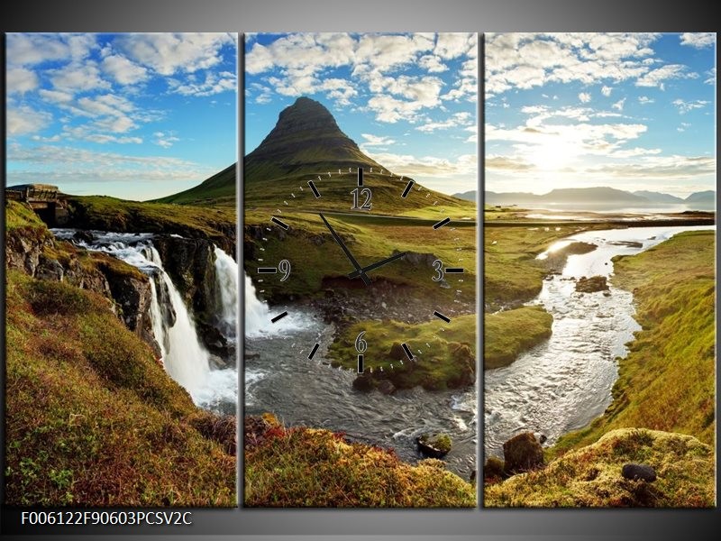 Klok schilderij Waterval | Blauw, Bruin | 90x60cm 3Luik