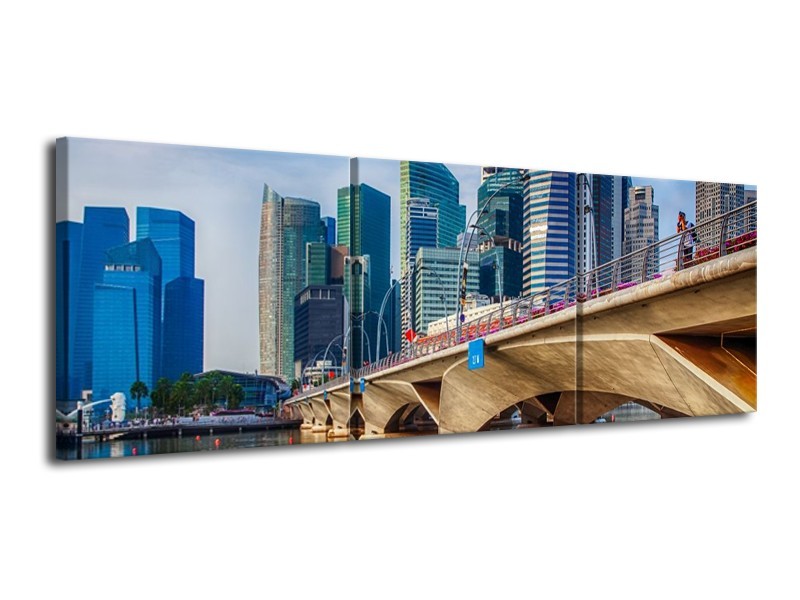 Canvas schilderij Singapore | Blauw, Groen, Bruin | 120x40cm 3Luik