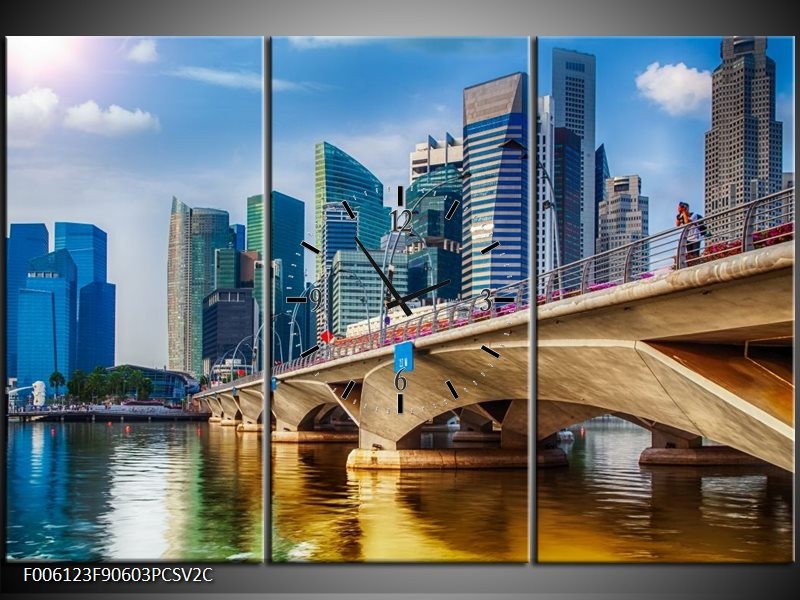 Klok schilderij Singapore | Blauw, Groen, Bruin | 90x60cm 3Luik