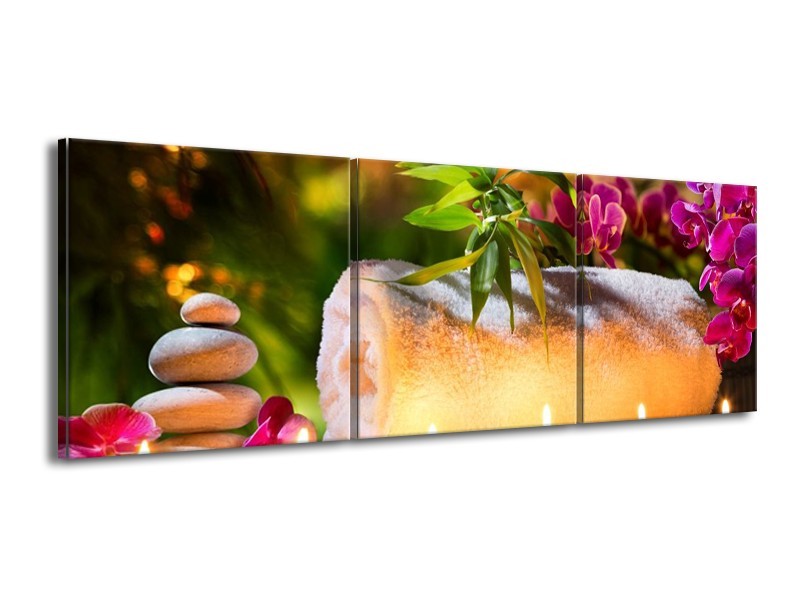 Canvas schilderij Spa | Geel, Bruin, Paars | 150x50cm 3Luik