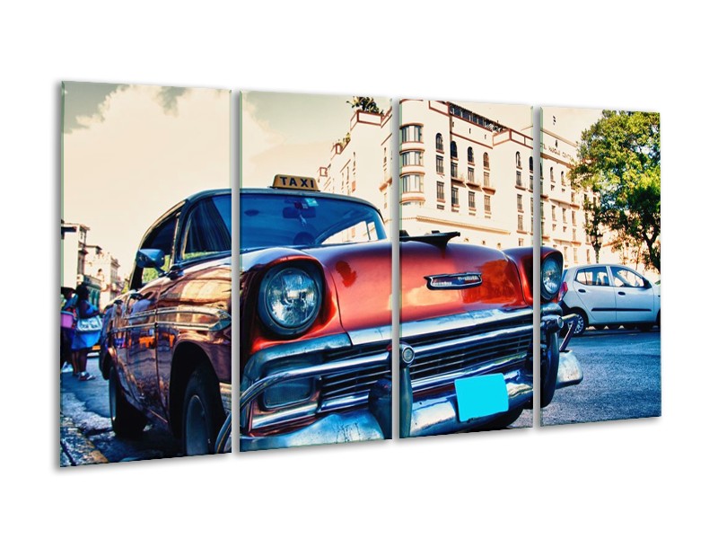 Glas schilderij Oldtimer | Rood, Wit, Blauw | 160x80cm 4Luik