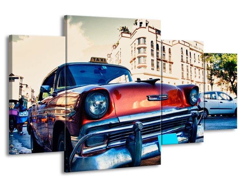 Glas schilderij Oldtimer | Rood, Wit, Blauw | 160x90cm 4Luik