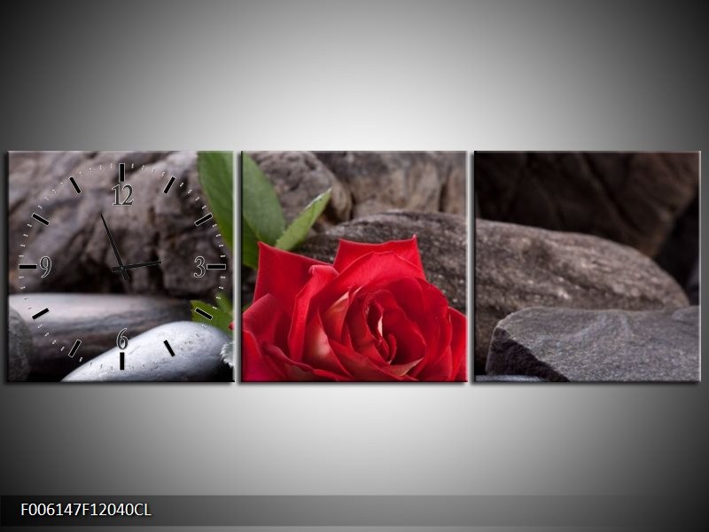 Klok schilderij Roos | Rood, Zwart | 120x40cm 3Luik