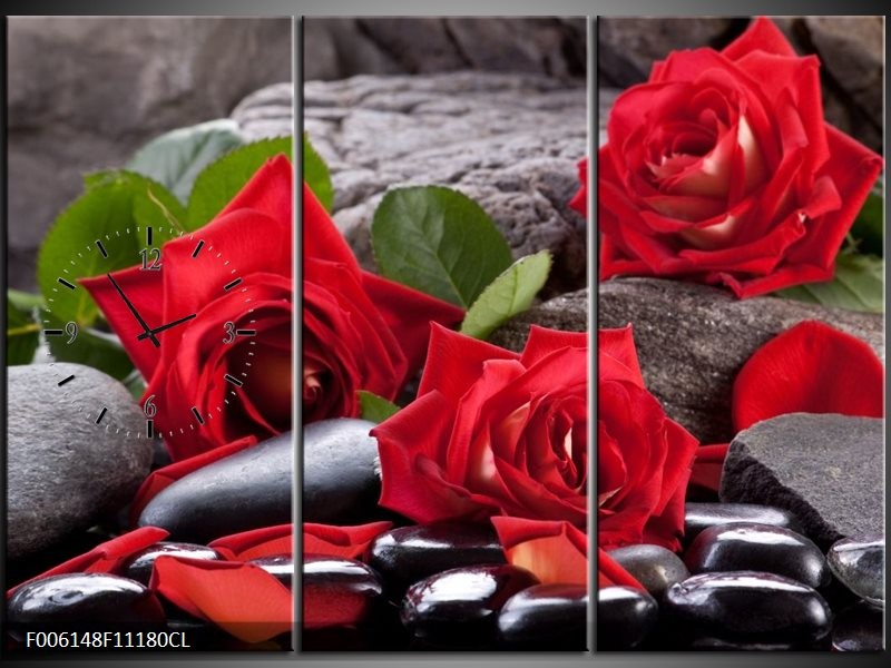 Klok schilderij Roos | Rood, Zwart, Groen | 111x80cm 3Luik