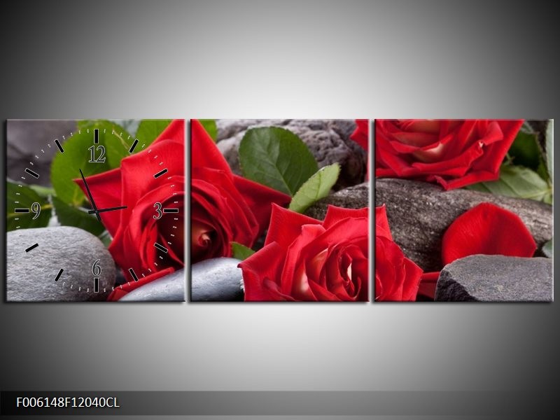 Klok schilderij Roos | Rood, Zwart, Groen | 120x40cm 3Luik