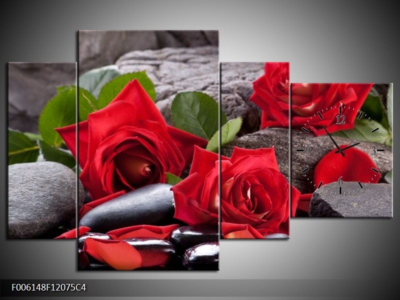 Klok schilderij Roos | Rood, Zwart, Groen | 120x75cm 4Luik