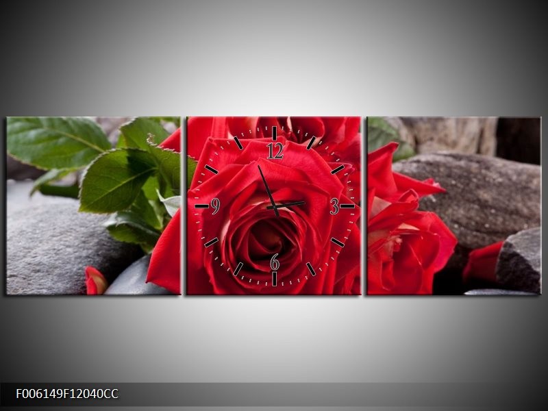 Klok schilderij Roos | Rood, Zwart, Groen | 120x40cm 3Luik