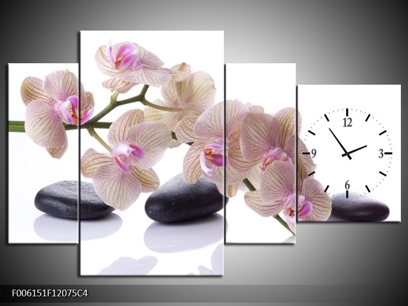 Klok schilderij Orchidee | Wit, Zwart, Roze | 120x75cm 4Luik