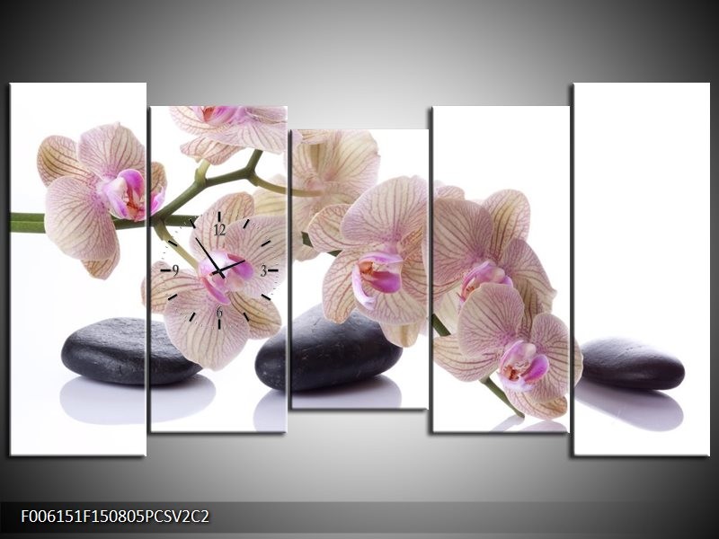 Klok schilderij Orchidee | Wit, Zwart, Roze | 150x80cm 5Luik