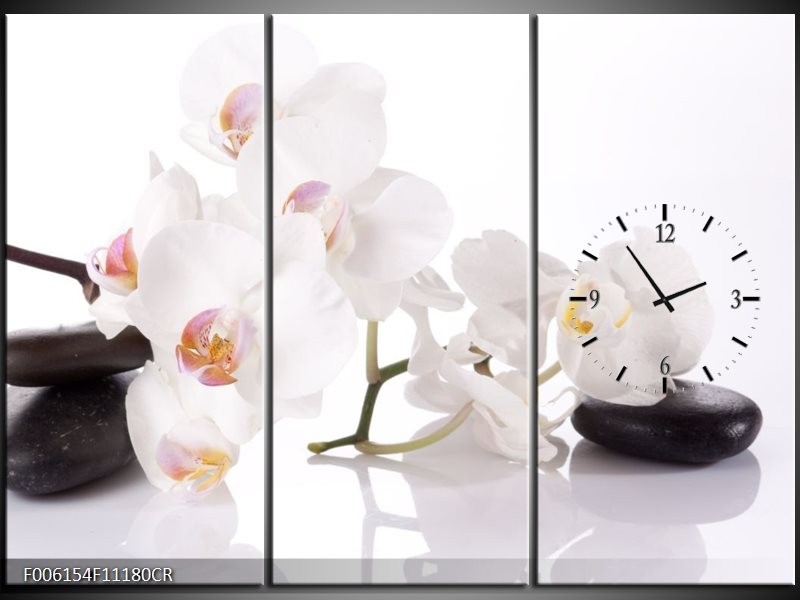 Klok schilderij Orchidee | Wit, Zwart | 111x80cm 3Luik