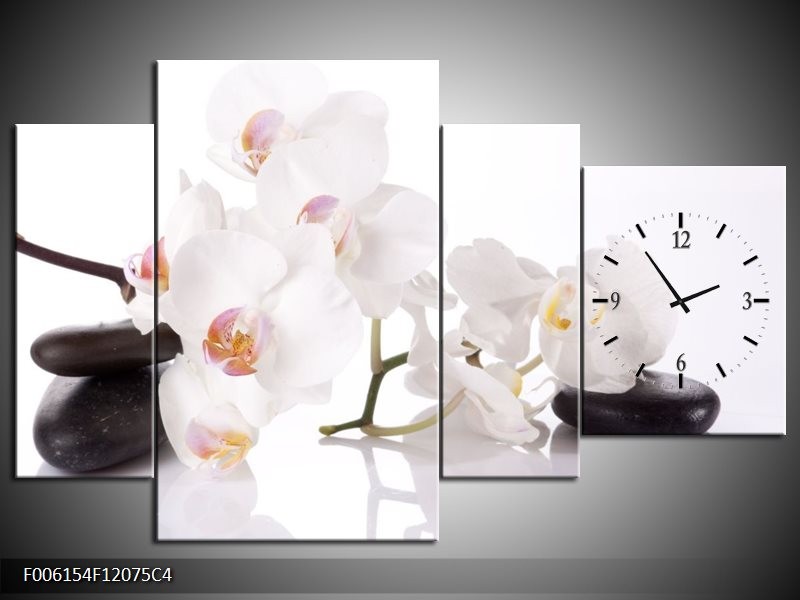 Klok schilderij Orchidee | Wit, Zwart | 120x75cm 4Luik