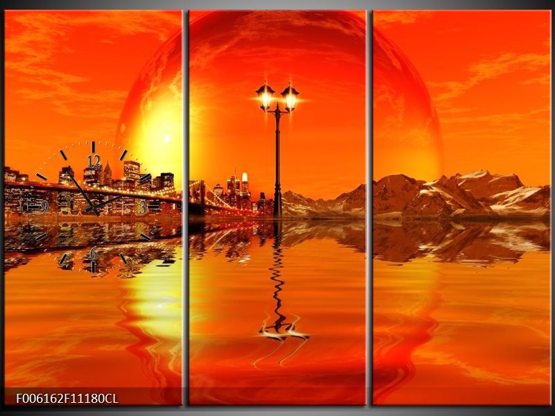 Klok schilderij Steden | Oranje, Rood, Geel | 111x80cm 3Luik
