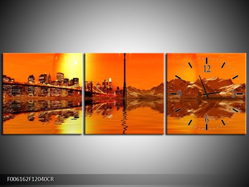 Klok schilderij Steden | Oranje, Rood, Geel | 120x40cm 3Luik