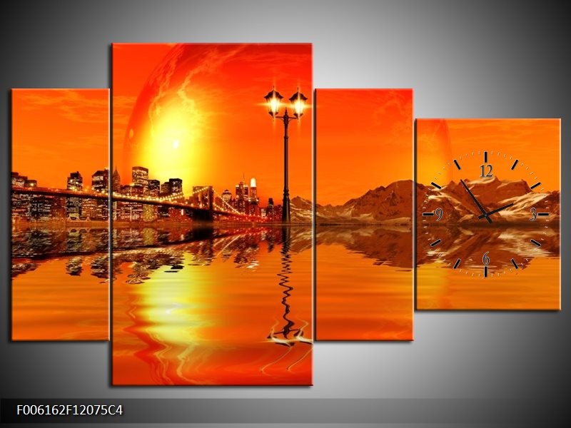 Klok schilderij Steden | Oranje, Rood, Geel | 120x75cm 4Luik