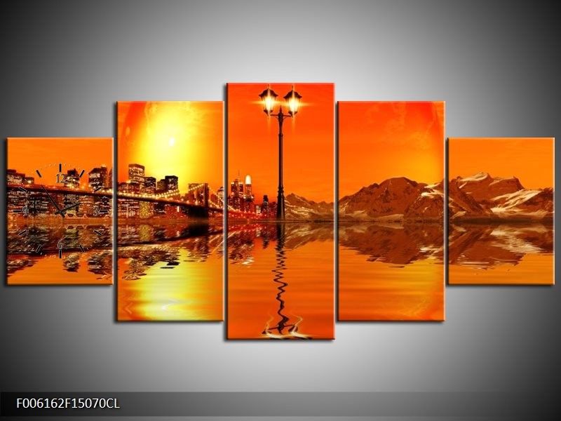 Klok schilderij Steden | Oranje, Rood, Geel | 150x70cm 5Luik