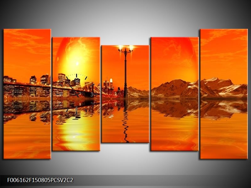 Klok schilderij Steden | Oranje, Rood, Geel | 150x80cm 5Luik