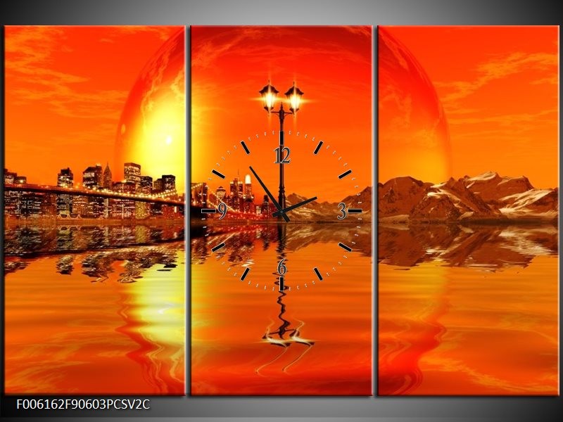 Klok schilderij Steden | Oranje, Rood, Geel | 90x60cm 3Luik